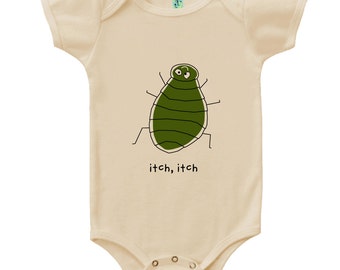 Organic cotton short sleeve infant jumper with screen printed flea design by Bugged Out, made in the USA