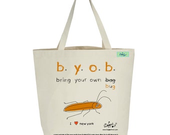 Recycled cotton canvas tote bag with screen printed cockroach design by Bugged Out, hand printed in New York