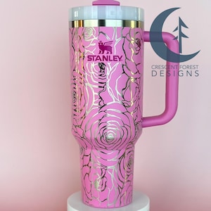 Roses and Peonies Engraved 40oz Stanley Quencher | Seamless Flower Wrap Engraved Stanley | Floral Engraved Stanley | Graduation Gift