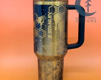 Honeybee Engraved Stanley ProTour (40 oz) | Custom Stanley | Floral Bumblebee Tumbler | Black Honey