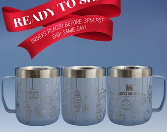 Festive Ornaments Engraved 12 oz Stanley Mug | Coffee Tumbler Gift Set | Holiday Christmas Gift