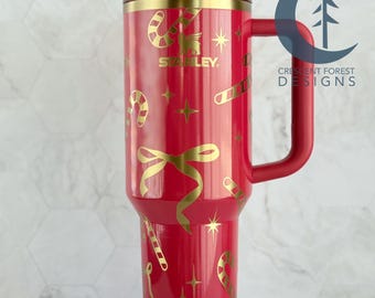 Candy Cane Engraved Stanley Quencher (40 oz) | Winter Holiday Stanley | Christmas Gift | Red & Gold