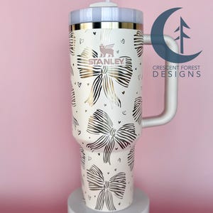 Coquette Bow Engraved 40oz Stanley Quencher | Engraved Bow & Heart Stanley Tumbler | Girly Bow Stanley | Coquette Tumbler