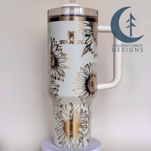 Sunflower Engraved 40 oz Stanley Quencher | Custom Engraved 40 oz Stanley | Cream & Gold Tumbler | Floral Stanley | Graduation Gift
