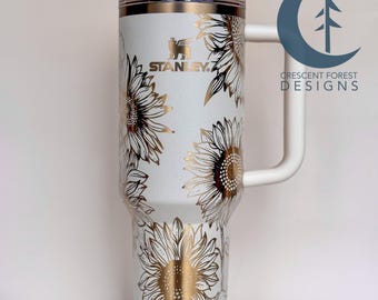 Sunflower Engraved Stanley Quencher (40 oz) | Cream & Gold Floral Tumbler
