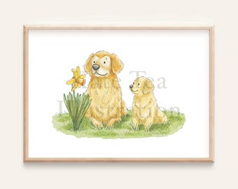 May include: Watercolor illustration of two golden retriever dogs in a grassy field with a yellow daffodil. The larger dog is standing, and the smaller dog is sitting. The artwork is framed in a light wood frame.