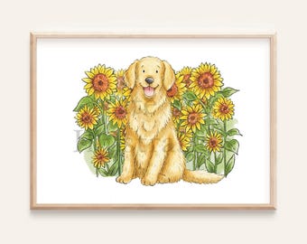 May include: A watercolor illustration of a golden retriever dog sitting in a field of sunflowers. The dog is smiling and has a yellow and brown coat. The sunflowers are in full bloom and have yellow petals and brown centers.