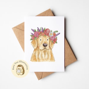 Carte couronne de fleurs Golden Retriever, carte Golden Retriever, carte chien, carte de remerciement, carte Retriever, carte d'anniversaire de chien, carte d'anniversaire