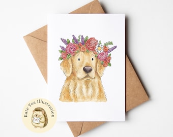 Carte couronne de fleurs Golden Retriever, carte Golden Retriever, carte chien, carte de remerciement, carte Retriever, carte d'anniversaire de chien, carte d'anniversaire