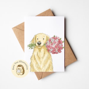Carte fleurs Golden Retriever, carte Golden Retriever, carte chien, carte de remerciement, carte retriever, carte d'anniversaire chien, carte d'anniversaire