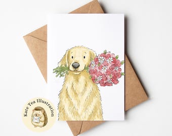 Carte fleurs Golden Retriever, carte Golden Retriever, carte chien, carte de remerciement, carte retriever, carte d'anniversaire chien, carte d'anniversaire