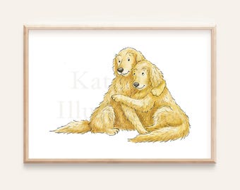 May include: Watercolor illustration of two golden retriever dogs embracing, set in a light wood frame. The dogs are depicted in shades of gold and tan, with soft fur and friendly expressions. The artwork is signed "KATE TEA ILLUSTRATION".