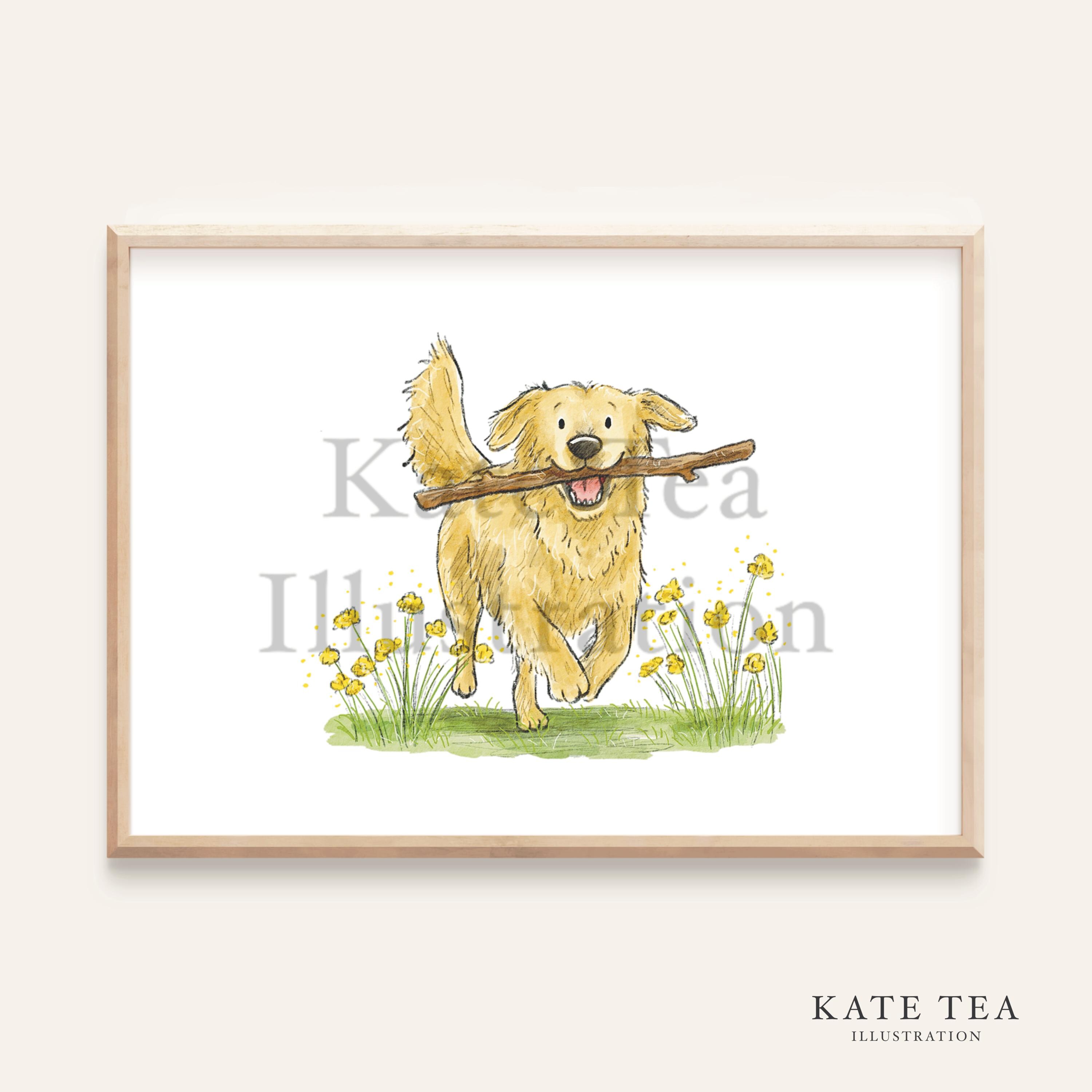 Golden Retriever with stick Art Print - Golden Retriever Art - Golden Retriever Illustration