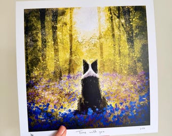 Border Collie Bluebells Art Print, Bluebell Woodland Dog Illustration, Signed Print, Whimsical Dog Art, Collie Gift, Dog Lover Wall Art