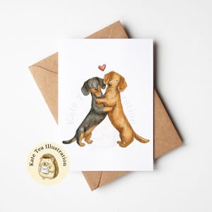 Carte de voeux étreinte de teckel, carte de chien, carte de remerciement, carte de chien de saucisse, carte d'amoureux des chiens, carte d'anniversaire, illustration de teckel