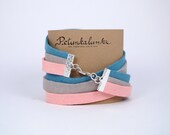 Faux Suede Wrap Bracelet in Gray, Pink, and Turquoise Blue