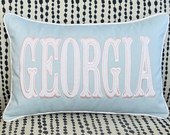 Nursery Pillow with Applique Name, Light Blue and Pink Long Lumbar Pillow, Insert Included, Many Size Options