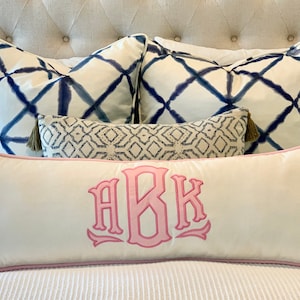 Almohada lumbar larga con apliques monogramados Ropa de cama de lujo INSERTO DE ALMOHADA INCLUIDO 14x36, 16x32