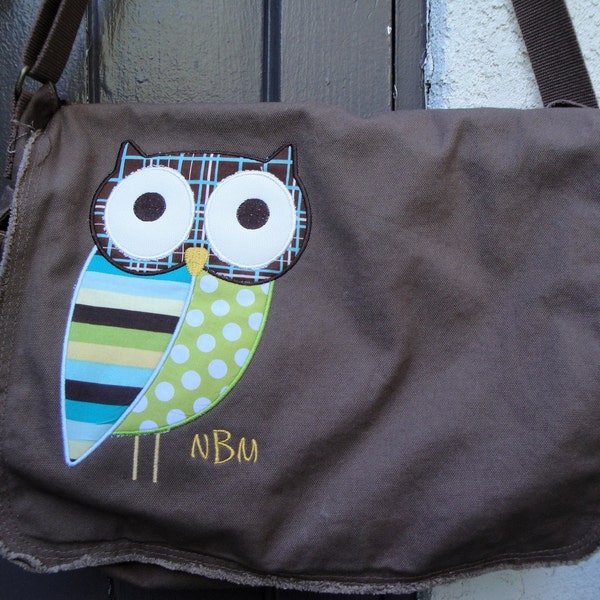 Large Raw Edge Messenger or Diaper Bag with Applique Owl  Made Custom in Your Choice of Colors