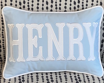 Nursery Pillow with Applique Name, Light Blue and White Long Lumbar Pillow, Insert Included, Many Size Options