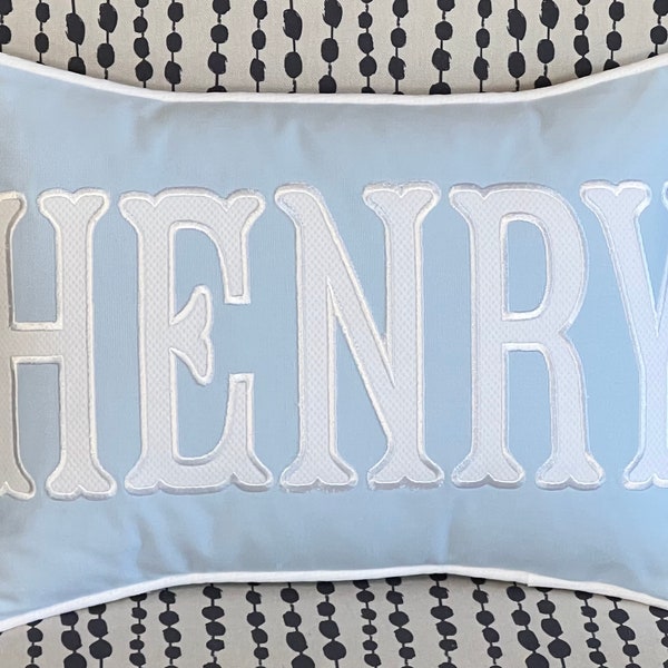 Nursery Pillow with Applique Name, Light Blue and White Long Lumbar Pillow, Insert Included, Many Size Options