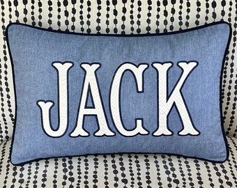Personalized Applique Pillow with Name, Includes Insert, College Dorm Decor for Boys, Monogrammed Long Lumbar Pillow, Indie Nursery Decor