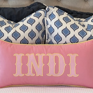 Applique Name Pillow: Pink Linen Lumbar Pillow, Indie Decor