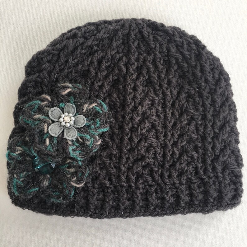 Women\u2019s Wool Winter Hat Gray Wool Hat Crocheted Wool Hat Handmade Wool Hat with Flowers Gray and Green Hat