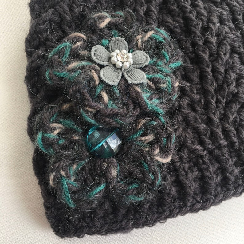 Women\u2019s Wool Winter Hat Gray Wool Hat Crocheted Wool Hat Handmade Wool Hat with Flowers Gray and Green Hat