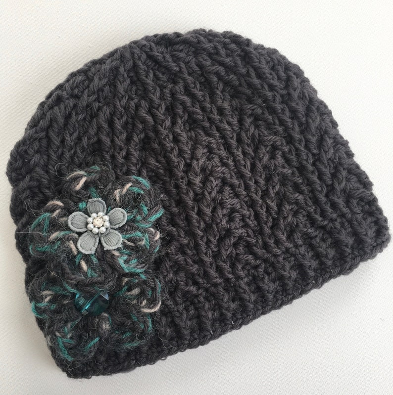 Women\u2019s Wool Winter Hat Gray Wool Hat Crocheted Wool Hat Handmade Wool Hat with Flowers Gray and Green Hat