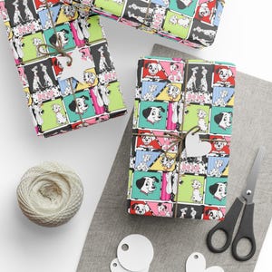 May include: Gift-wrapped presents with Dalmatian-themed wrapping paper. The colorful paper features cartoon images of the dogs in various poses. Each package is tied with twine and a white tag. A ball of twine and scissors are also present.