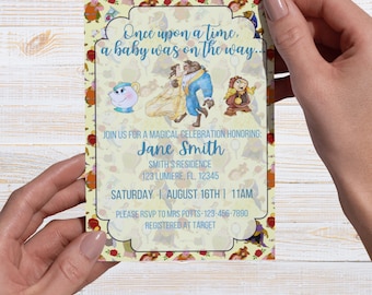 Invitación para baby shower de La Bella y la Bestia