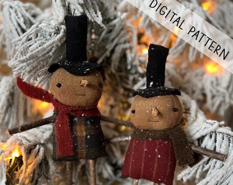 New! Primitive Snowman Ornament DIGITAL PATTERN Hello Winter