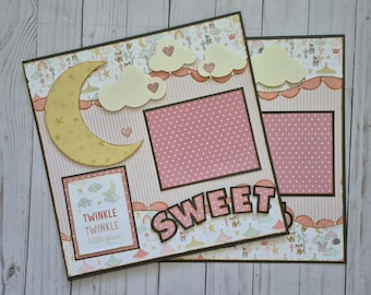 Página de álbum de recortes prediseñada Página de álbum de recortes hecha a mano Diseño de doble página de 12 x 12 para niña "Dulces sueños"