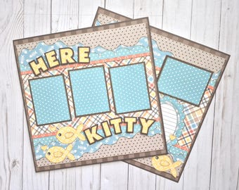 Diseño de álbum de recortes de gatos hecho a mano: "Aquí, gatito, gatito" de doble página