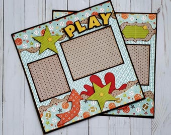 Diseño de álbum de recortes Play Ball: página doble hecha a mano, temática deportiva
