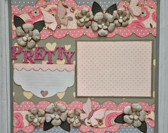 Página de álbum de recortes prediseñada, hecha a mano, doble página, diseño de 12 x 12 pulgadas, "Bonita"