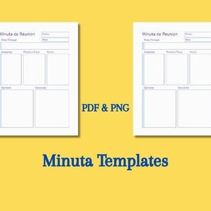May include: Two white "Minuta de Reunion" templates with blue lines and text, side-by-side on a yellow background. The text "PDF & PNG" is between the templates, and "Minuta Templates" is below. The templates are for meeting minutes.