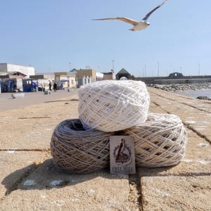 May include: Three balls of yarn in white, grey, and beige are stacked on a stone surface. A small card with the text "FREE WILL" is placed in front of the yarn. A seagull flies in the blue sky above.