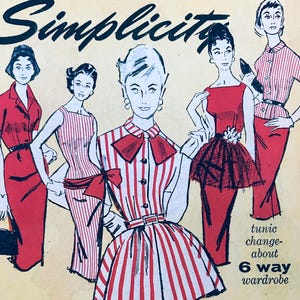 May include: Vintage fashion illustration from a "Simplicity" magazine cover. The image features stylized drawings of women in red and white striped and solid red dresses. Text includes "fashion preview november" and "6 way wardrobe".