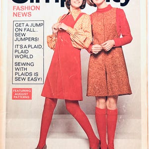 May include: Vintage magazine cover featuring two women in 1960s fashion. One wears a red dress with a patterned blouse, the other a patterned dress. The magazine title is "Simplicity" with text about sewing and patterns.