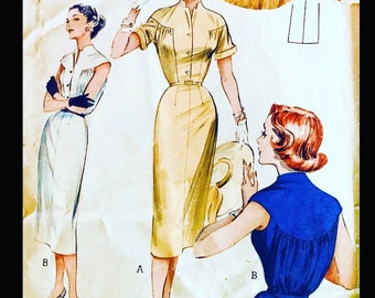 50s Fitted Wiggle Dress w/ Gathered Bustline & Sleeve Options Shirtwaist Sheath Dress Vintage Sewing Pattern 6834 B32