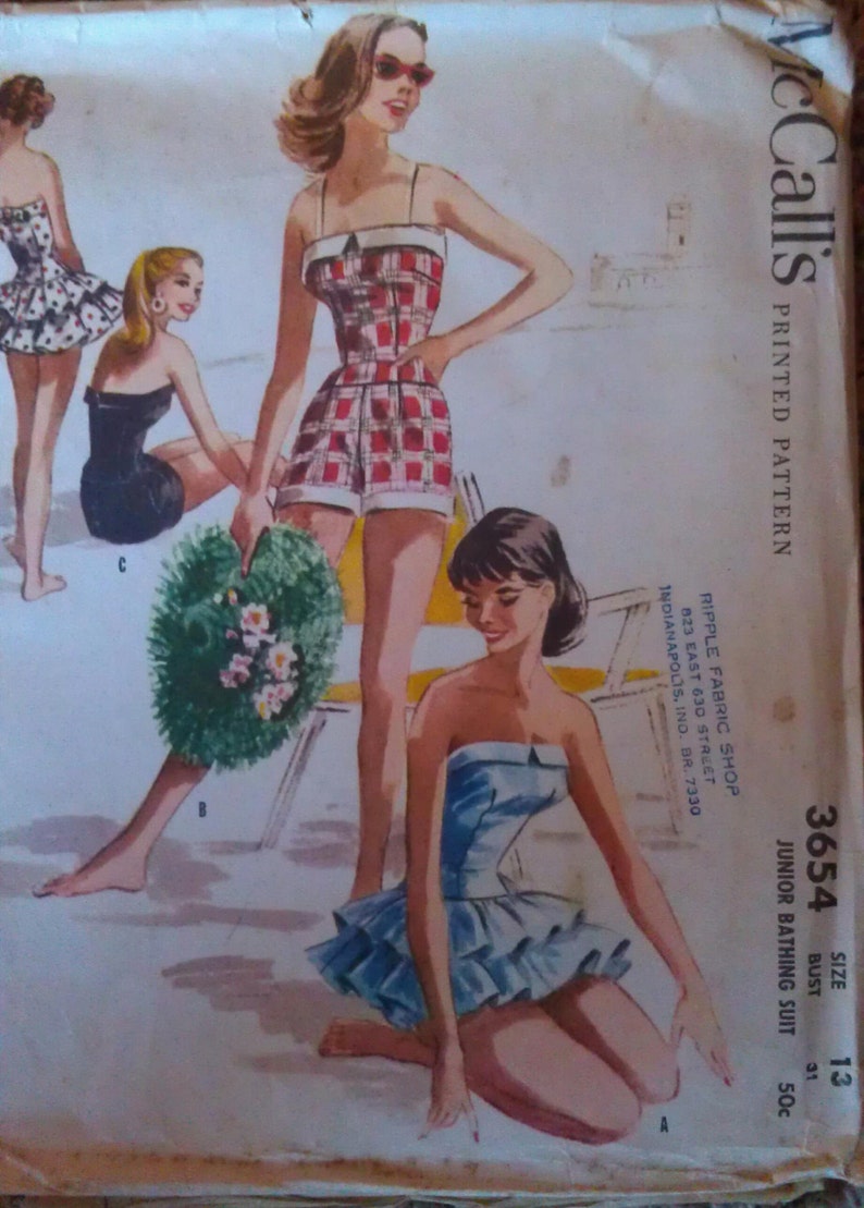 Vintage 50s Ruffled Ballerina Strapless Swim Suit Bathing Suit VLV Swimsuit Playsuit Sewing Pattern 3654 B31