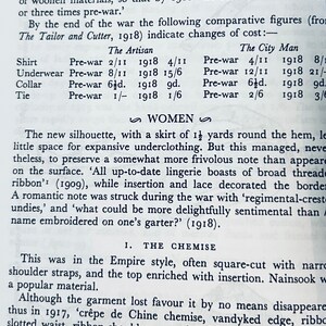 May include: A black and white newspaper article about the history of undergarments. The article discusses the impact of World War I on the cost of materials and the changing styles of undergarments. The article includes a table showing the pre-war and 1918 prices of various undergarment items.