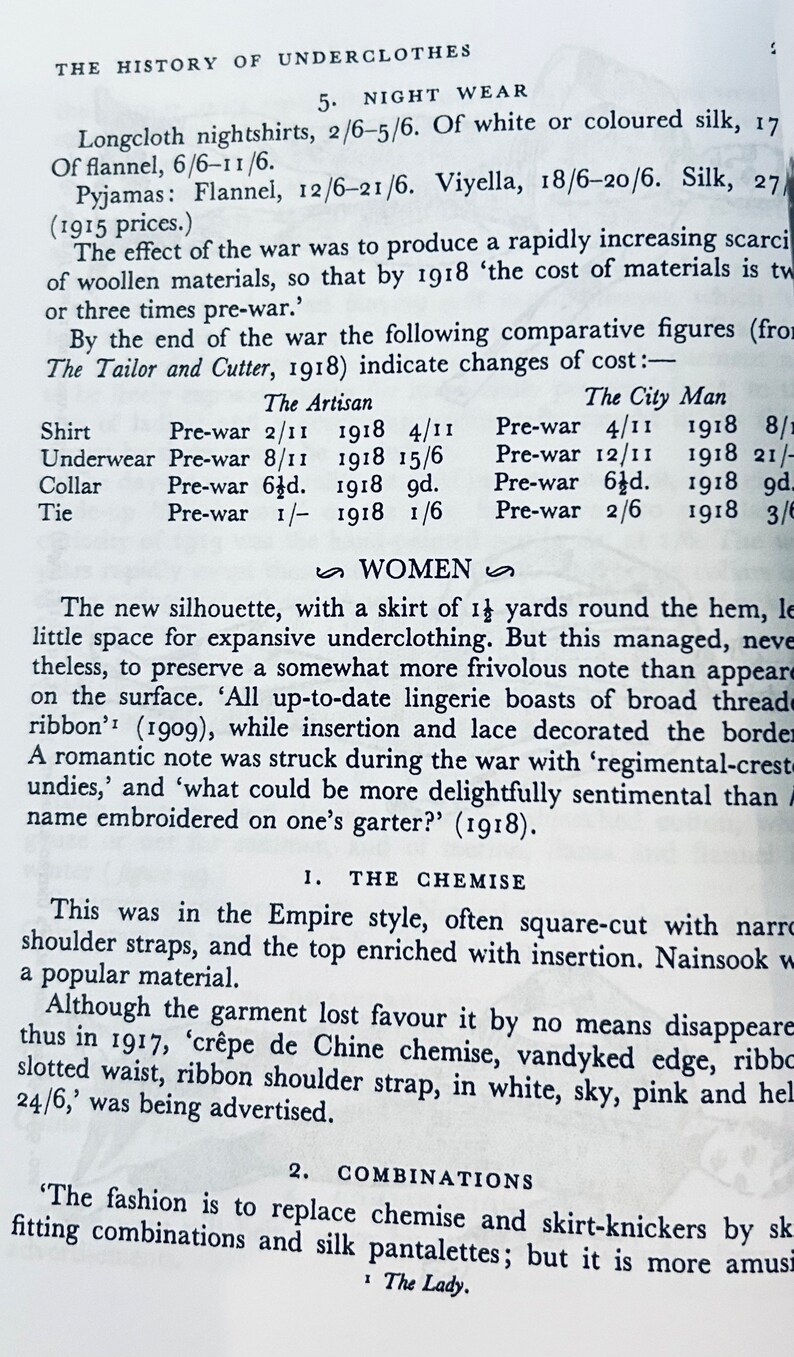 May include: A black and white newspaper article about the history of undergarments. The article discusses the impact of World War I on the cost of materials and the changing styles of undergarments. The article includes a table showing the pre-war and 1918 prices of various undergarment items.