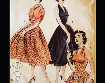 50s Halter Dress Marilyn Style VLV w/ Matching Bolero Jacket & Geometric Seams Sewing Pattern 6993 B32