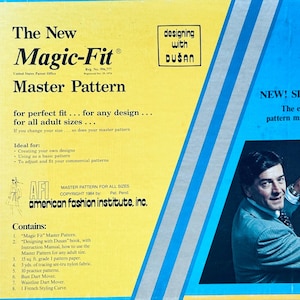 May include: Vintage "Magic-Fit" Master Pattern by American Fashion Institute, Inc. The yellow and blue package includes a master pattern, instruction manual, pattern paper, tracing fabric, and practice patterns. The design is for perfect fit for any design and all adult sizes.