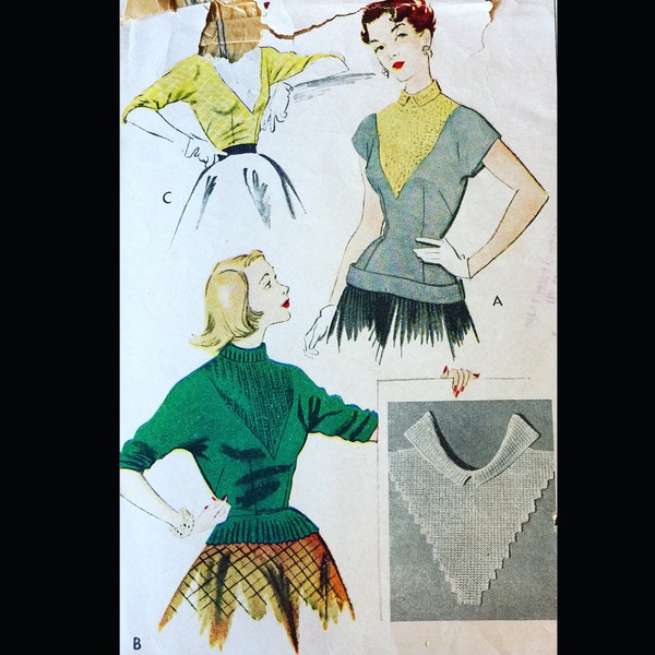 40s Sweater Blouse w/ Knit Crochet Cap Sleeve Peplum Geometric Fitted Top Three Quarter Sleeve Vintage Sewing Pattern  1726 B32