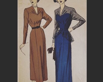 NOIR Vintage 40s 50s Peplum Wasp Waist Slit Neck Lacy Day Afternoon Dress Sewing Pattern 5011 B32