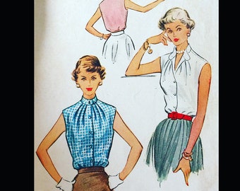 50s Sleeveless Blouse Mandarin Collar Gathered Bodice Button Front Top Vintage Sewing Pattern 9316 B32